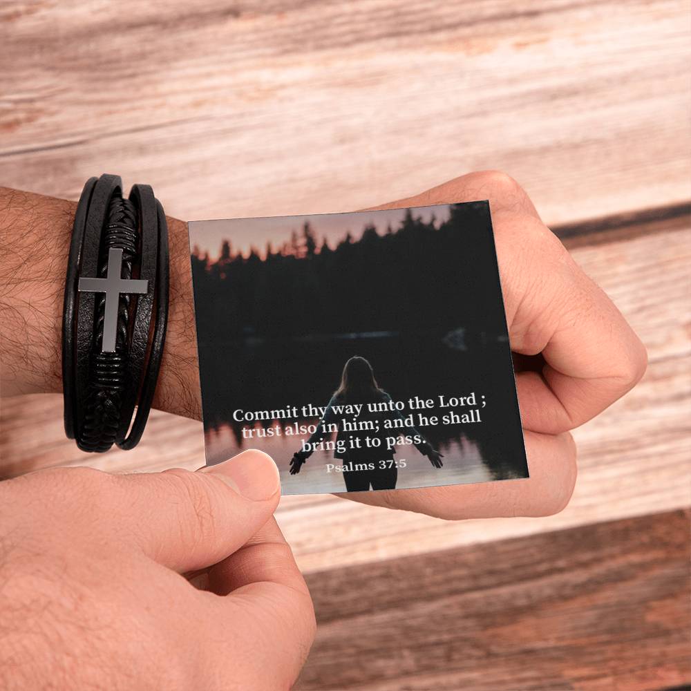 Commit Psalm 37:5 Men's Stainless Steel & Vegan Leather Cross Bracelet - Vegan Leather with Stainless Steel-Express Your Love Gifts