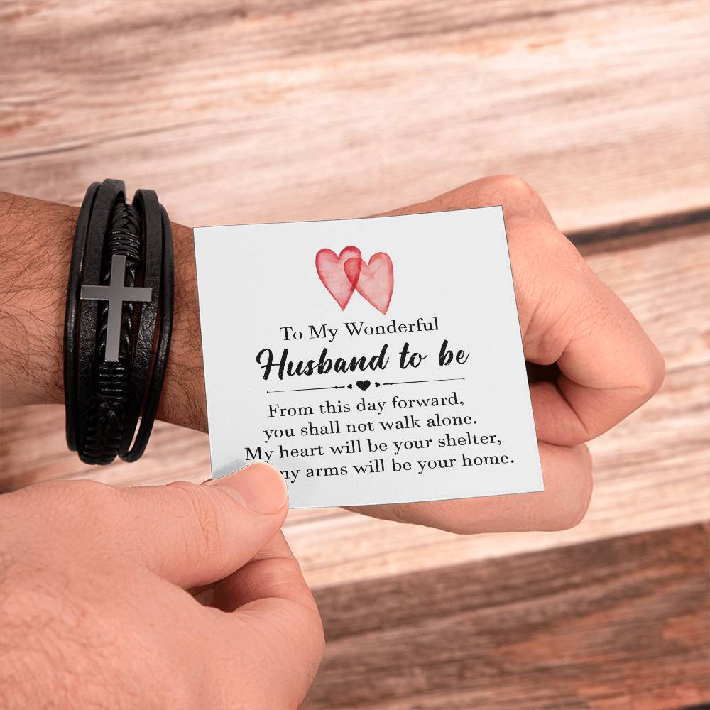 To My Wonderful Husband To Be Men's Cross Bracelet - Vegan Leather with Stainless Steel-Express Your Love Gifts