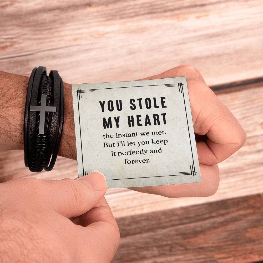My To Man You Stole My Heart Men's Cross Bracelet - Vegan Leather with Stainless Steel-Express Your Love Gifts