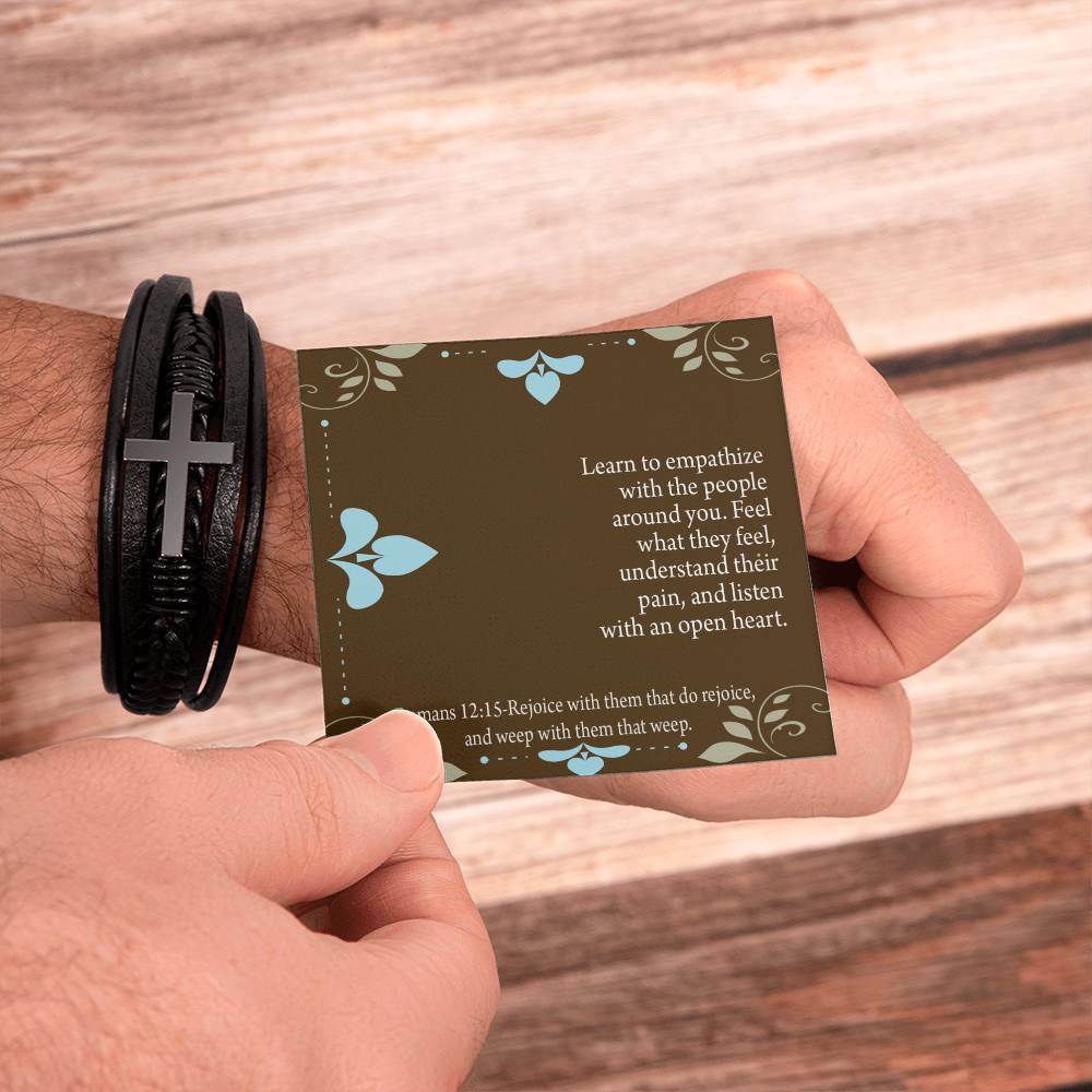 Empathy & Understanding Romans 12:15 Men's Stainless Steel & Vegan Leather Cross Bracelet - Vegan Leather with Stainless Steel-Express Your Love Gifts