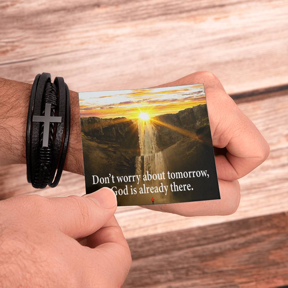 Don’t Worry Men's Stainless Steel & Vegan Leather Cross Bracelet - Vegan Leather with Stainless Steel-Express Your Love Gifts