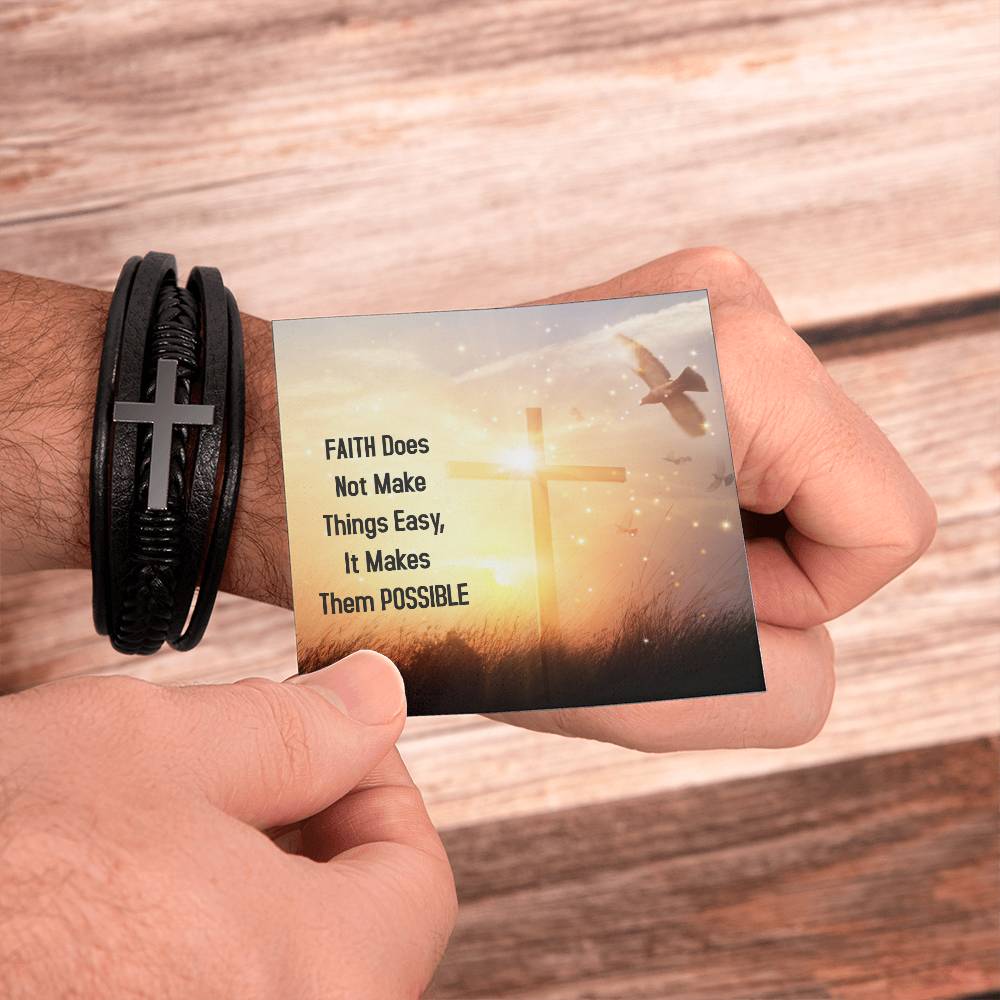 Faith Does Not Make Things Easy Luke 1:37 Men's Stainless Steel & Vegan Leather Cross Bracelet - Vegan Leather with Stainless Steel-Express Your Love Gifts