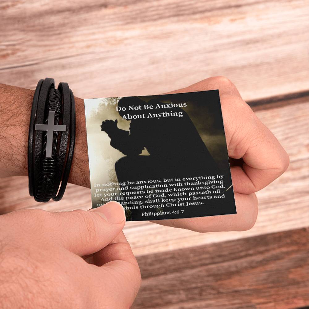 Do Not be Anxious About Anything Philippians 4:6-7 Men's Stainless Steel & Vegan Leather Cross Bracelet - Vegan Leather with Stainless Steel-Express Your Love Gifts