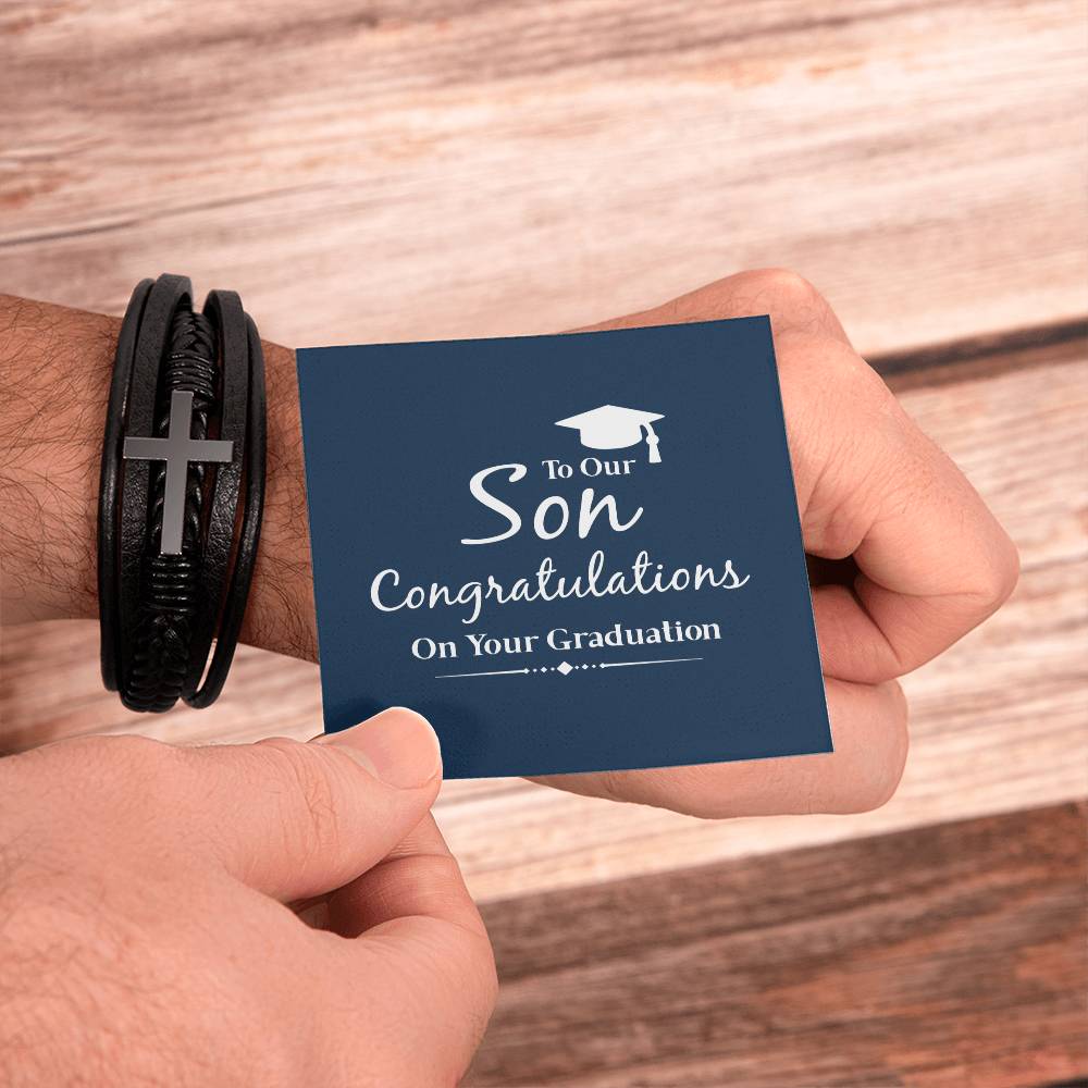 To Our Son Congratulations on Your Graduation Men's Cross Bracelet - Vegan Leather with Stainless Steel-Express Your Love Gifts