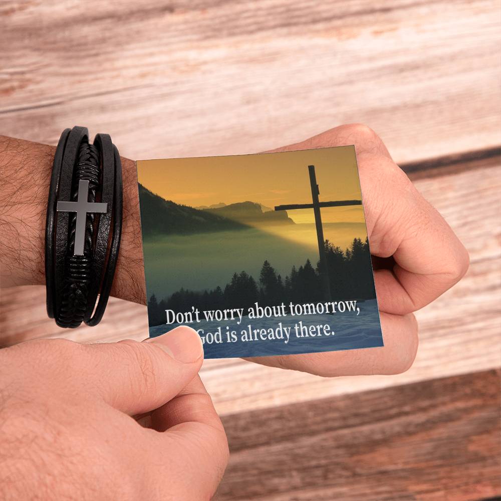 Don’t Worry About Tomorrow Men's Stainless Steel & Vegan Leather Cross Bracelet - Vegan Leather with Stainless Steel-Express Your Love Gifts