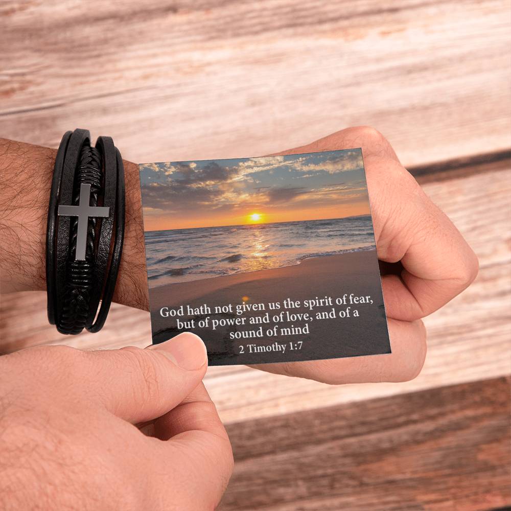 No Fear 2 Timothy 1:7 Men's Stainless Steel & Vegan Leather Cross Bracelet - Vegan Leather with Stainless Steel-Express Your Love Gifts