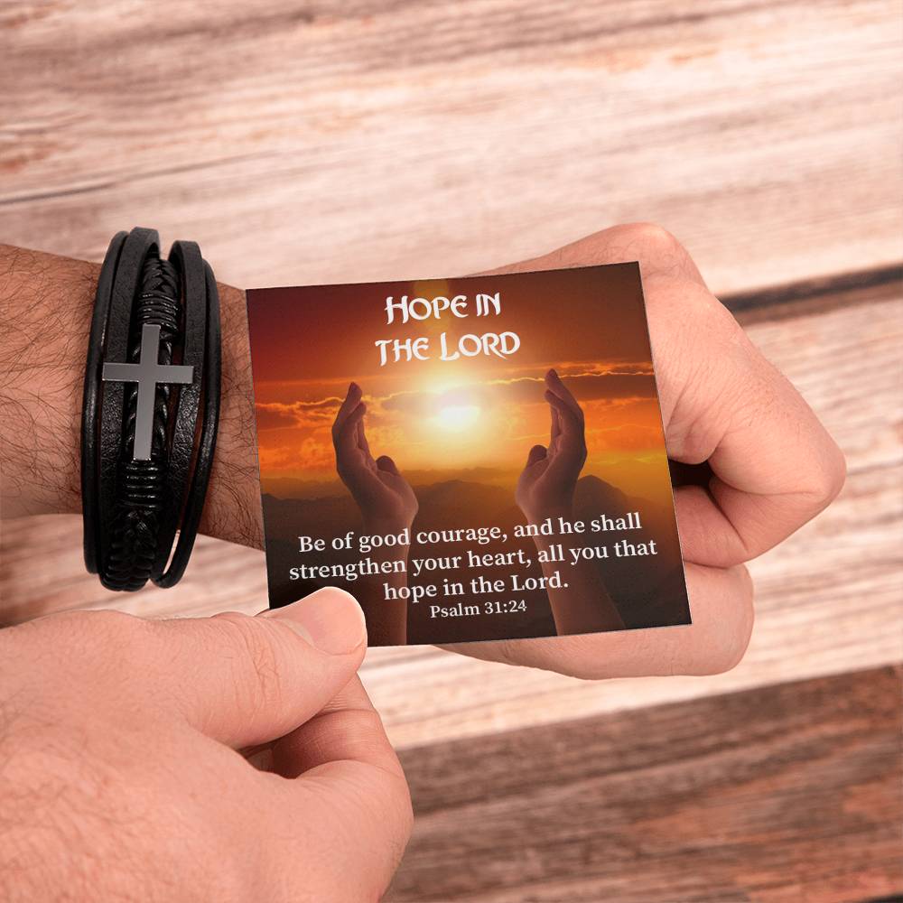 Hope in The Lord Psalm 31:24 Men's Stainless Steel & Vegan Leather Cross Bracelet - Vegan Leather with Stainless Steel-Express Your Love Gifts