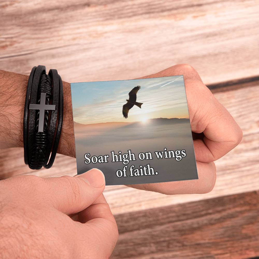 Soar High on Faith in Lord Isaiah 40:31 Men's Stainless Steel & Vegan Leather Cross Bracelet - Vegan Leather with Stainless Steel-Express Your Love Gifts