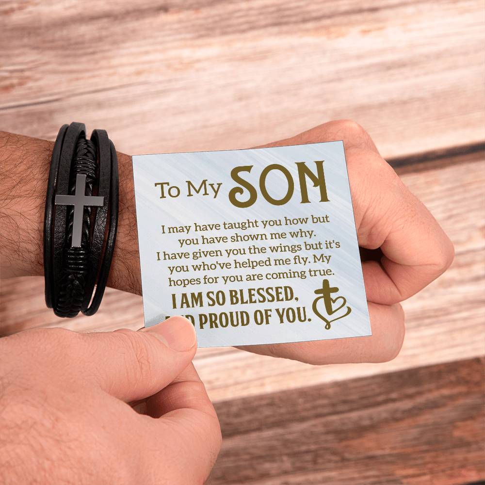 To My Son I Am So Blessed Men's Cross Bracelet - Vegan Leather with Stainless Steel-Express Your Love Gifts