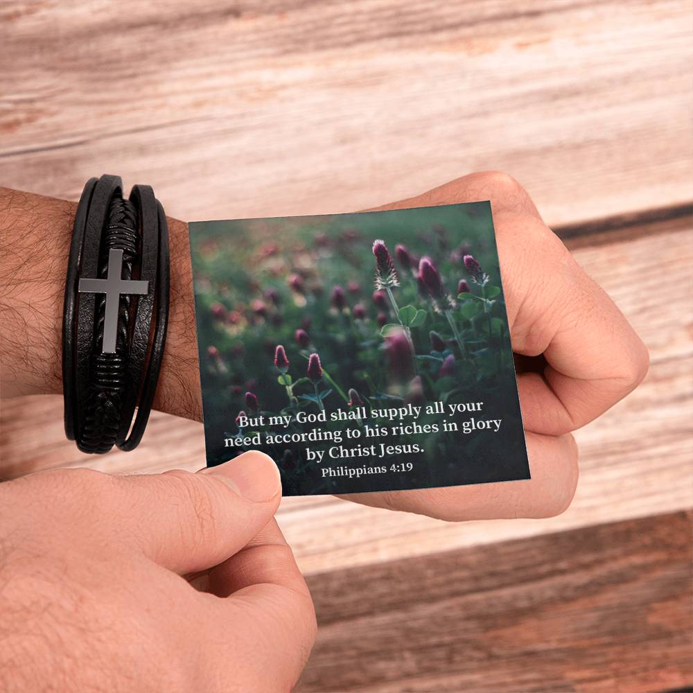 God Supply All Your Need Philippians 4:19 Men's Stainless Steel & Vegan Leather Cross Bracelet - Vegan Leather with Stainless Steel-Express Your Love Gifts