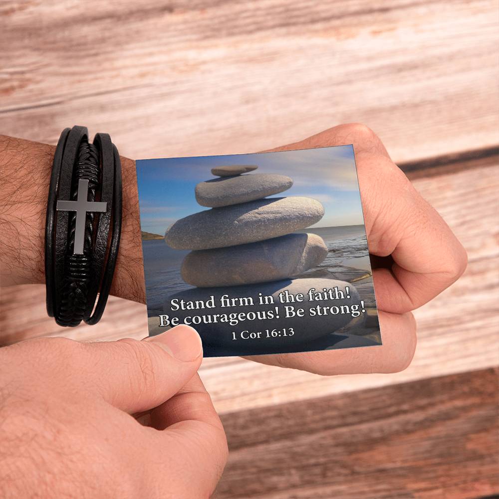 Stand Firm in Faith 1 Corinthians 16:13 Men's Stainless Steel & Vegan Leather Cross Bracelet - Vegan Leather with Stainless Steel-Express Your Love Gifts