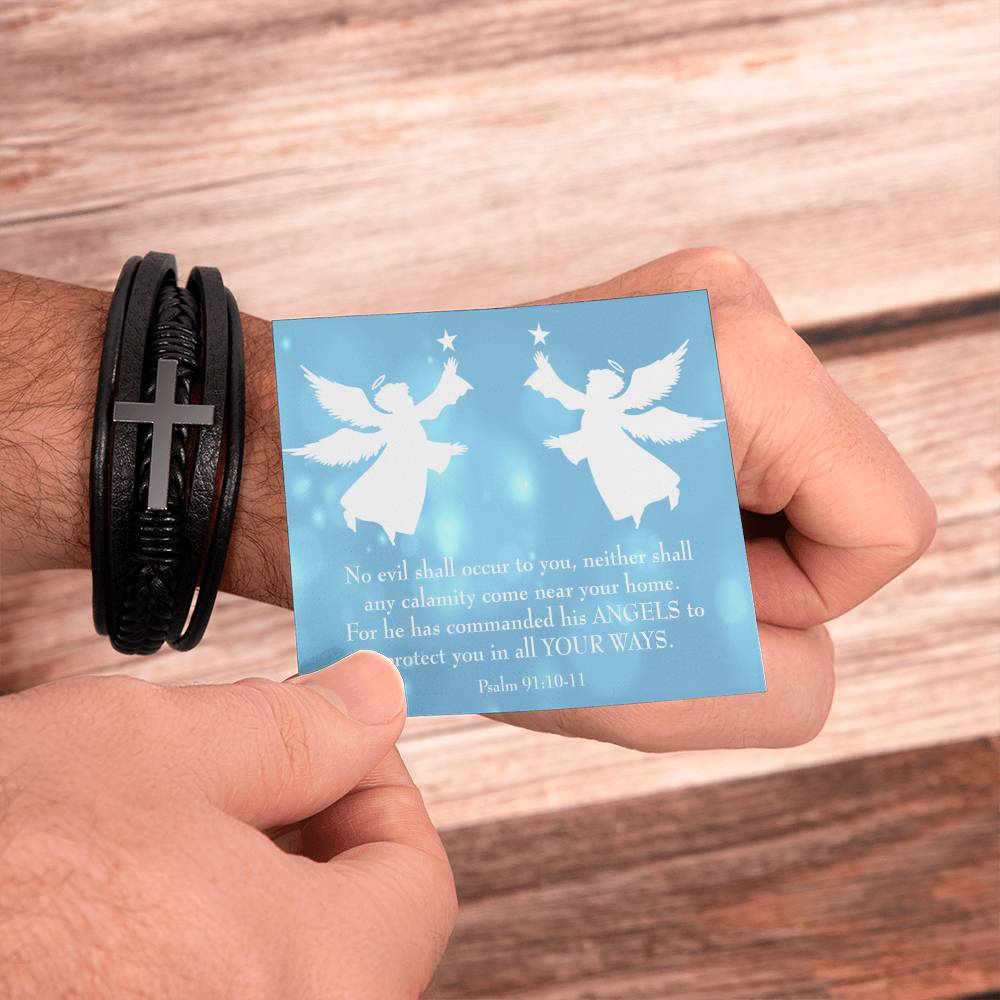 Psalm 91 Blue Men's Stainless Steel & Vegan Leather Cross Bracelet - Vegan Leather with Stainless Steel-Express Your Love Gifts