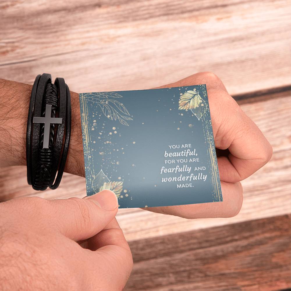 You Are Wonderfully Made Psalm 139:14 Men's Stainless Steel & Vegan Leather Cross Bracelet - Vegan Leather with Stainless Steel-Express Your Love Gifts