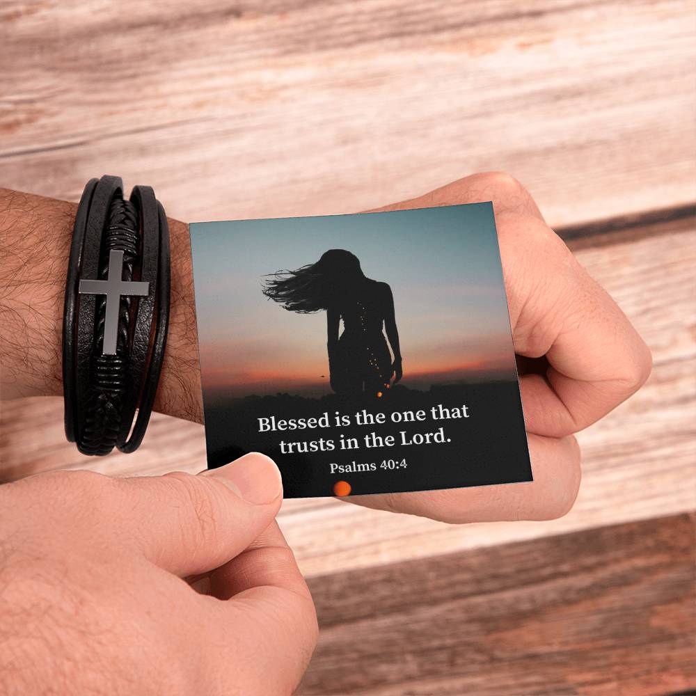 His Trust Psalm 40:4 Men's Stainless Steel & Vegan Leather Cross Bracelet - Vegan Leather with Stainless Steel-Express Your Love Gifts
