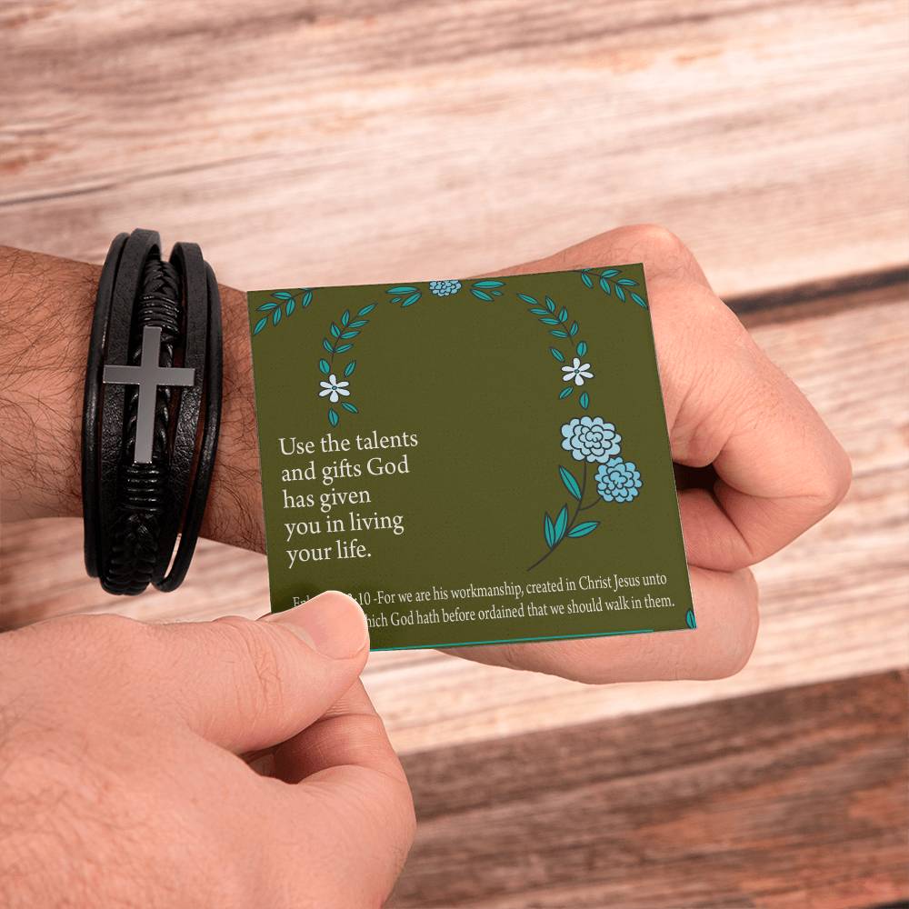 You Are God's Workmanship Ephesians 2:10 Men's Stainless Steel & Vegan Leather Cross Bracelet - Vegan Leather with Stainless Steel-Express Your Love Gifts