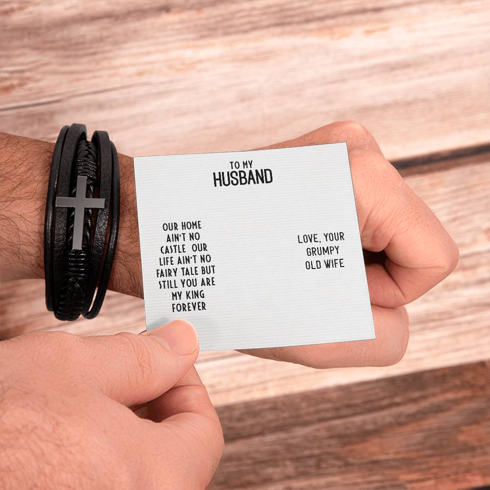 To My Husband Our Home Ain't No Castle Men's Cross Bracelet - Vegan Leather with Stainless Steel-Express Your Love Gifts