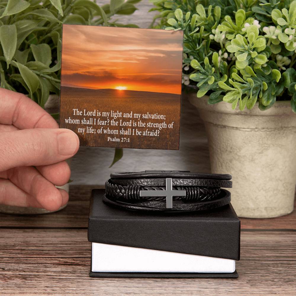 Lord is My Salvation Psalm 27:1 Men's Stainless Steel & Vegan Leather Cross Bracelet - Vegan Leather with Stainless Steel-Express Your Love Gifts