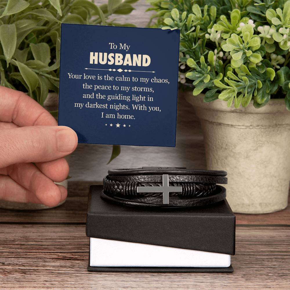 To My Husband Your Love is the Calm to My Chaos Men's Cross Bracelet - Vegan Leather with Stainless Steel-Express Your Love Gifts