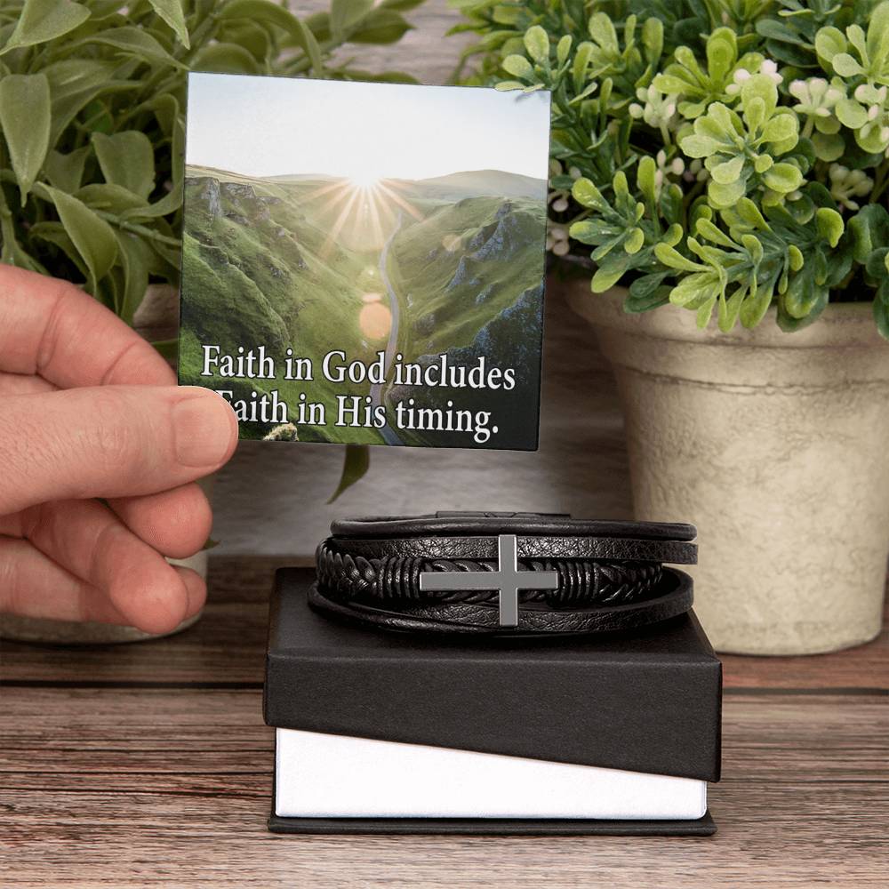 Faith in God's Timing Men's Stainless Steel & Vegan Leather Cross Bracelet - Vegan Leather with Stainless Steel-Express Your Love Gifts