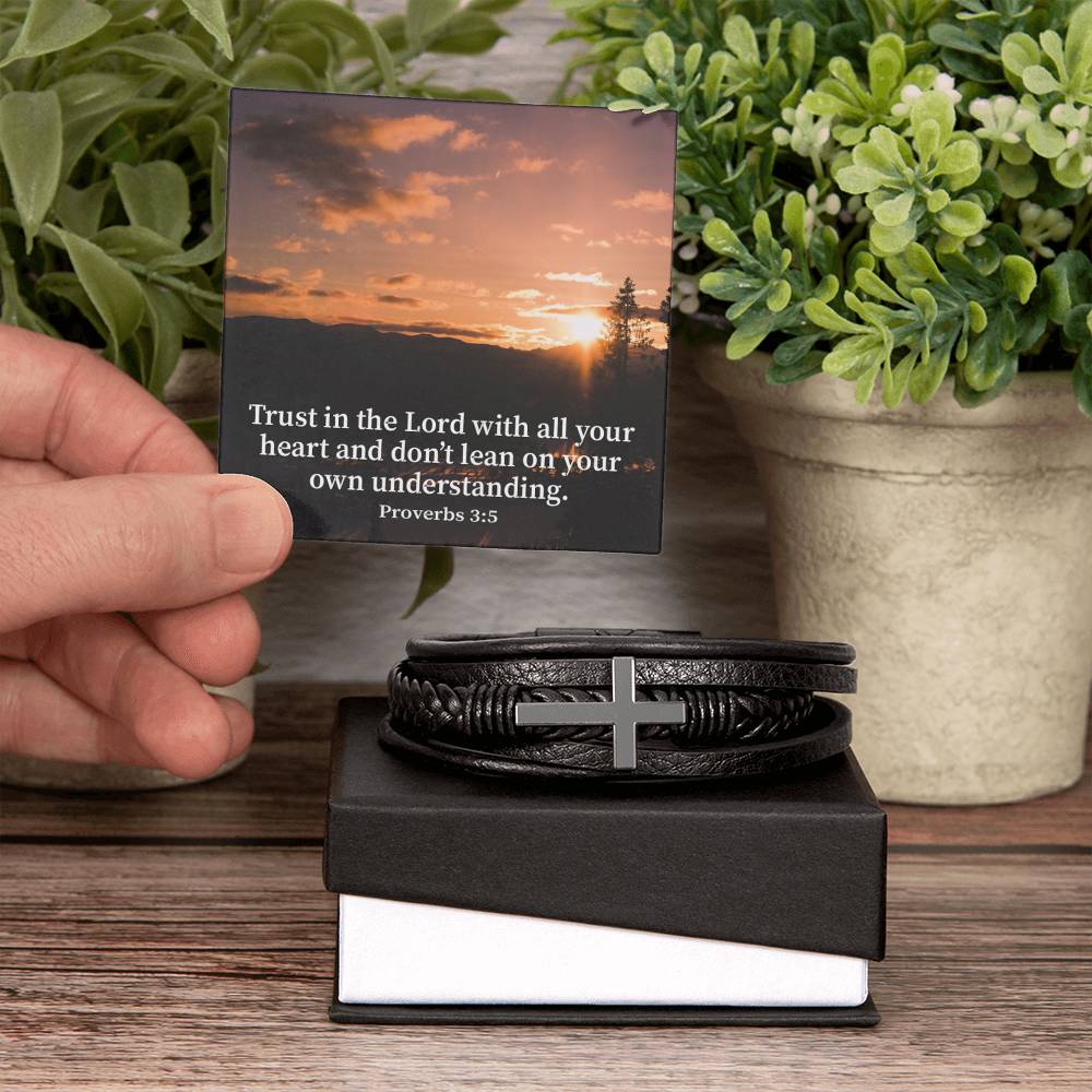 Trust in The Lord Proverbs 3:5 Sunset Men's Stainless Steel & Vegan Leather Cross Bracelet - Vegan Leather with Stainless Steel-Express Your Love Gifts