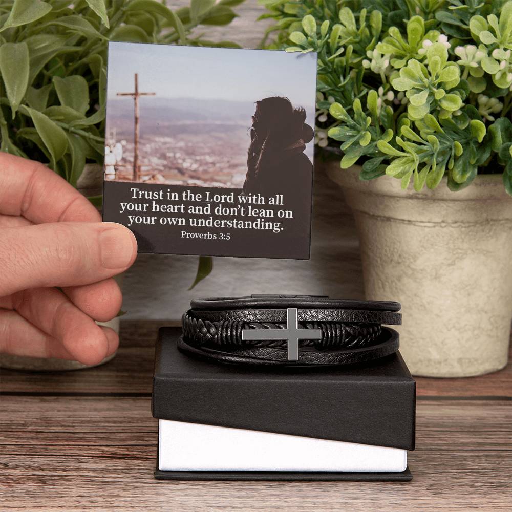 Trust Proverbs 3:5 Men's Stainless Steel & Vegan Leather Cross Bracelet - Vegan Leather with Stainless Steel-Express Your Love Gifts