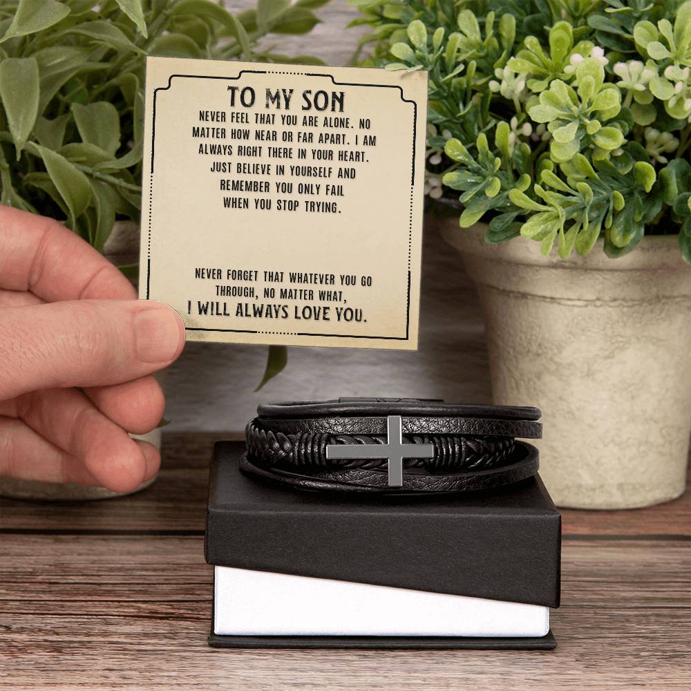 To My Son Never Feel That Men's Cross Bracelet - Vegan Leather with Stainless Steel-Express Your Love Gifts
