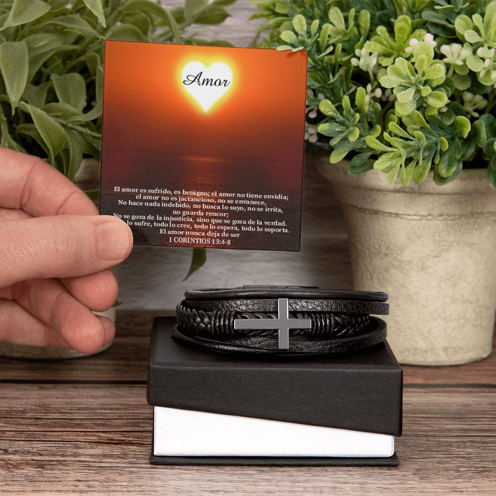 Amor Spanish Corintos 13:4-8 Men's Stainless Steel & Vegan Leather Cross Bracelet - Vegan Leather with Stainless Steel-Express Your Love Gifts