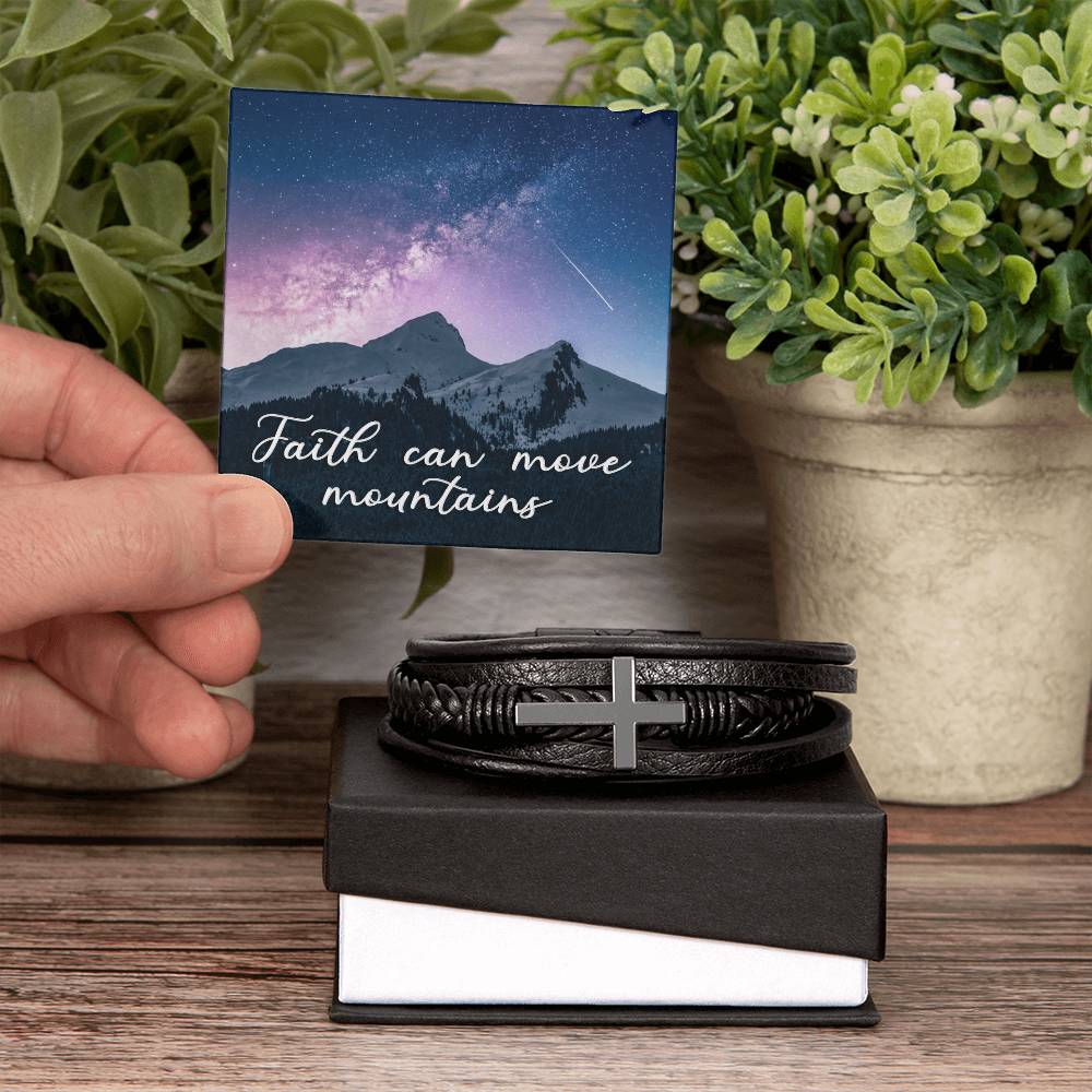Faith Can Move Mountains Men's Stainless Steel & Vegan Leather Cross Bracelet - Vegan Leather with Stainless Steel-Express Your Love Gifts