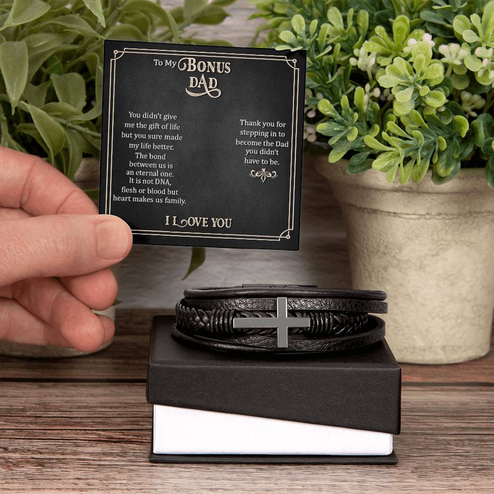 To My Bonus Dad Men's Cross Bracelet - Vegan Leather with Stainless Steel-Express Your Love Gifts