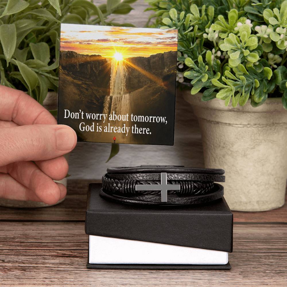 Don’t Worry Men's Stainless Steel & Vegan Leather Cross Bracelet - Vegan Leather with Stainless Steel-Express Your Love Gifts