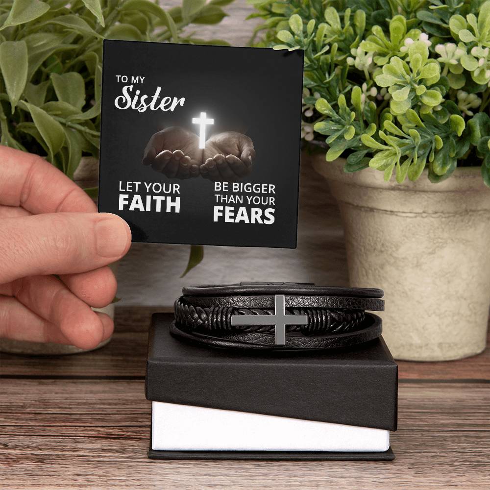 Let Your Faith Be Bigger Than Your Fears Isaiah 41:10 Men's Stainless Steel & Vegan Leather Cross Bracelet - Vegan Leather with Stainless Steel-Express Your Love Gifts