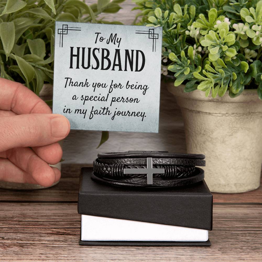 To My Husband Thank You for Being Special Men's Cross Bracelet - Vegan Leather with Stainless Steel-Express Your Love Gifts