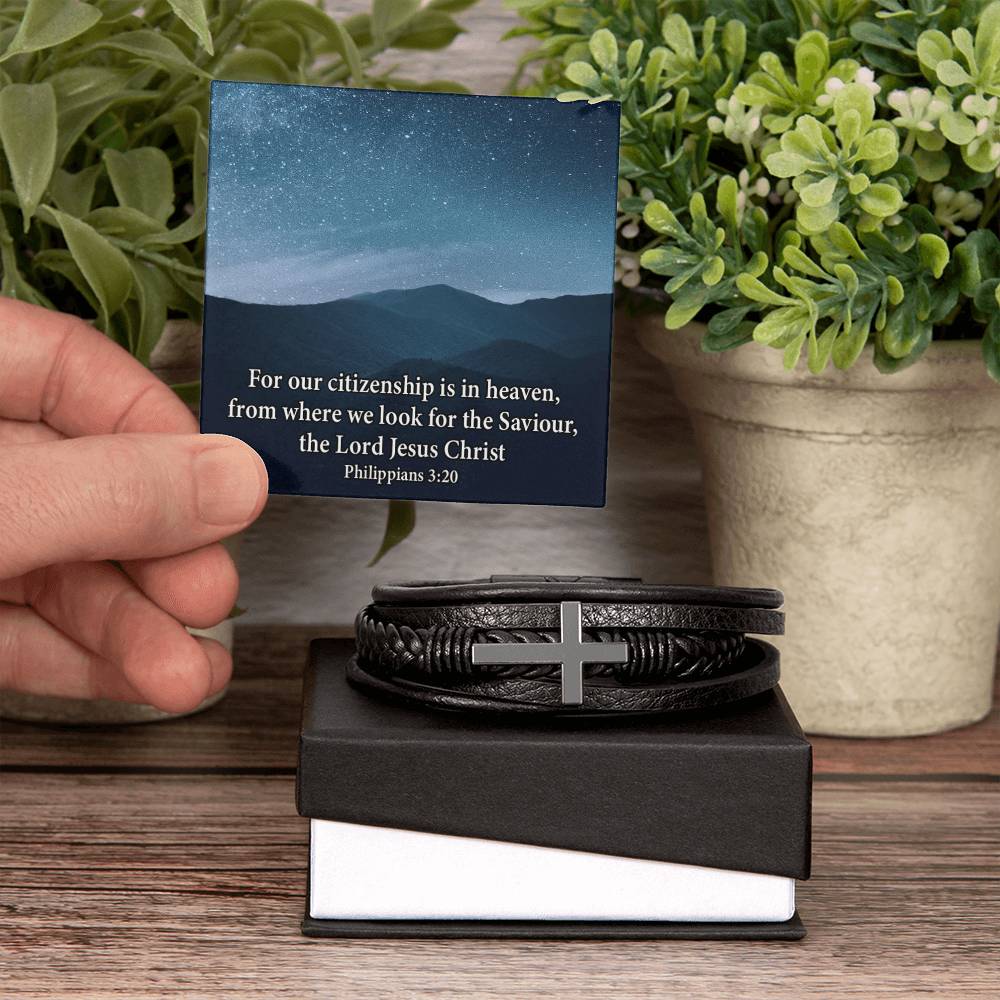 Citizenship in Heaven Philippians 3:20 Men's Stainless Steel & Vegan Leather Cross Bracelet - Vegan Leather with Stainless Steel-Express Your Love Gifts
