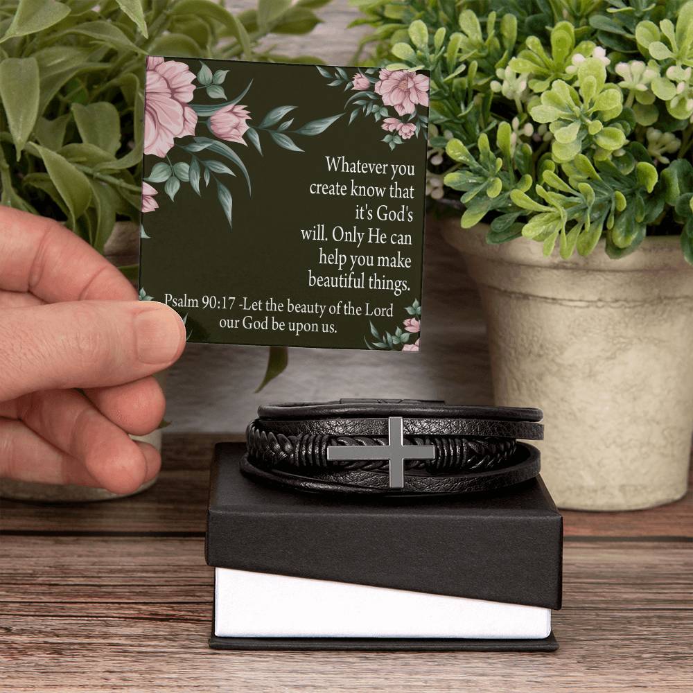 God's Will & Beauty Psalm 90:17 Men's Stainless Steel & Vegan Leather Cross Bracelet - Vegan Leather with Stainless Steel-Express Your Love Gifts