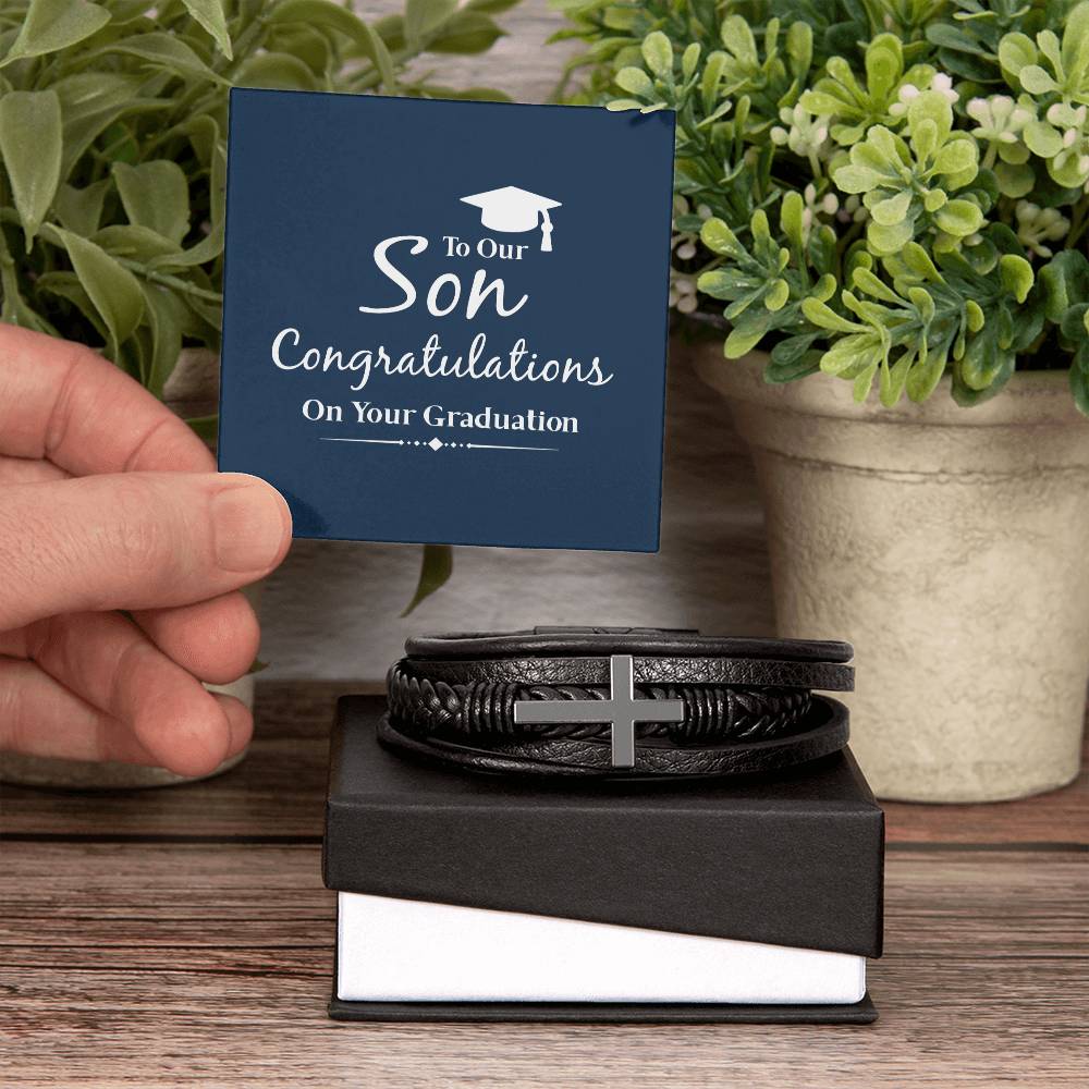 To Our Son Congratulations on Your Graduation Men's Cross Bracelet - Vegan Leather with Stainless Steel-Express Your Love Gifts