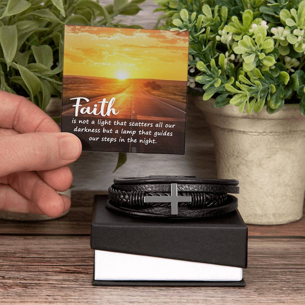 Faith is Not a Light Men's Stainless Steel & Vegan Leather Cross Bracelet - Vegan Leather with Stainless Steel-Express Your Love Gifts