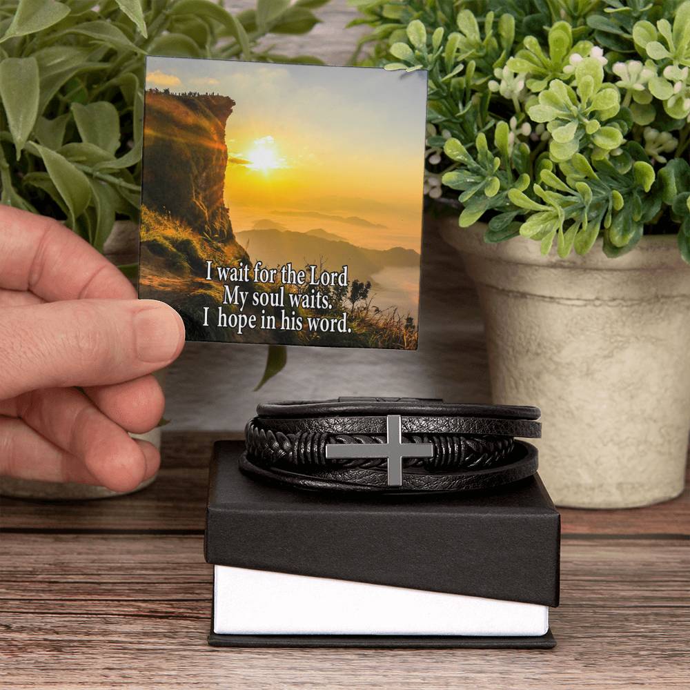 Hope in God Psalm130:5 Men's Stainless Steel & Vegan Leather Cross Bracelet - Vegan Leather with Stainless Steel-Express Your Love Gifts