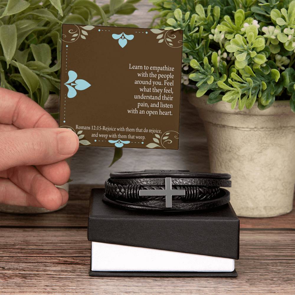 Empathy & Understanding Romans 12:15 Men's Stainless Steel & Vegan Leather Cross Bracelet - Vegan Leather with Stainless Steel-Express Your Love Gifts