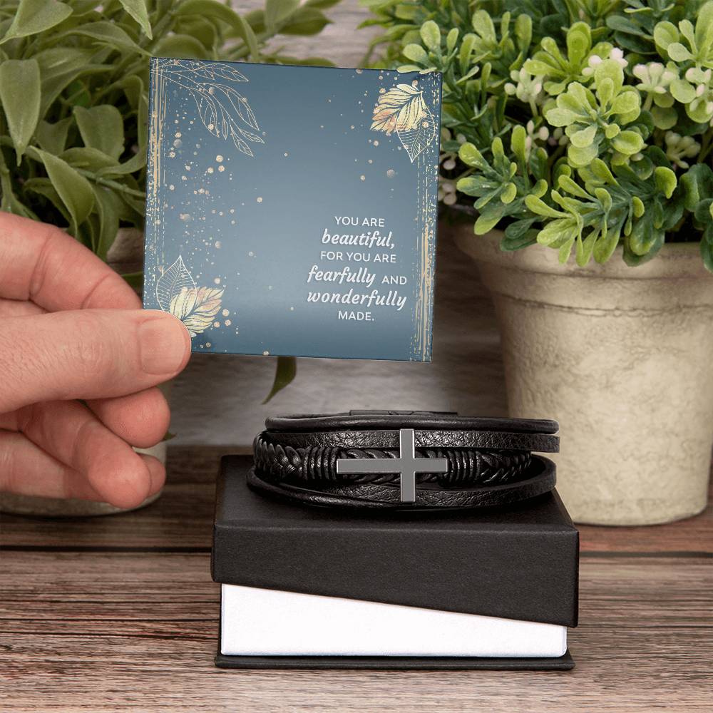 You Are Wonderfully Made Psalm 139:14 Men's Stainless Steel & Vegan Leather Cross Bracelet - Vegan Leather with Stainless Steel-Express Your Love Gifts
