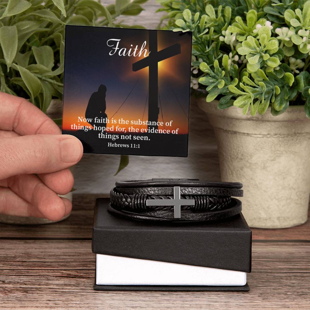 Faith Hebrews 11:1 Men's Stainless Steel & Vegan Leather Cross Bracelet - Vegan Leather with Stainless Steel-Express Your Love Gifts