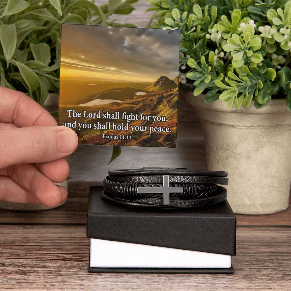 The Lord Shall Fight For You Exodus 14:14 Men's Stainless Steel & Vegan Leather Cross Bracelet - Vegan Leather with Stainless Steel-Express Your Love Gifts