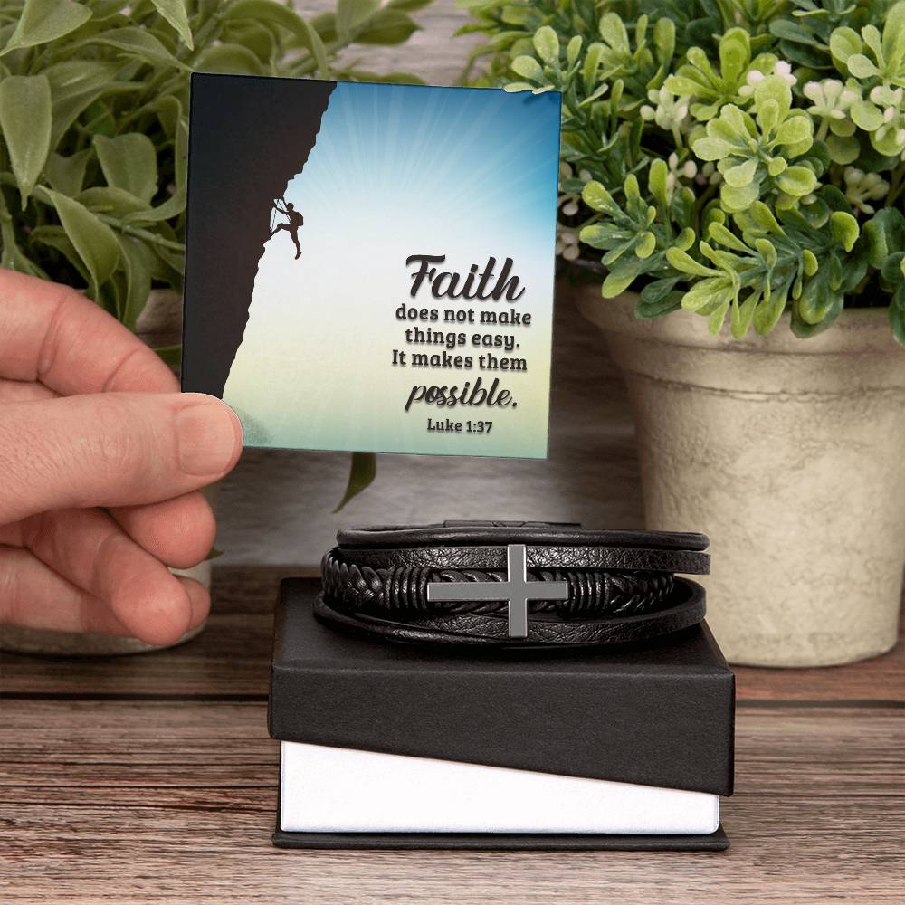 Faith Does Not Make Things Easy Men's Stainless Steel & Vegan Leather Cross Bracelet - Vegan Leather with Stainless Steel-Express Your Love Gifts