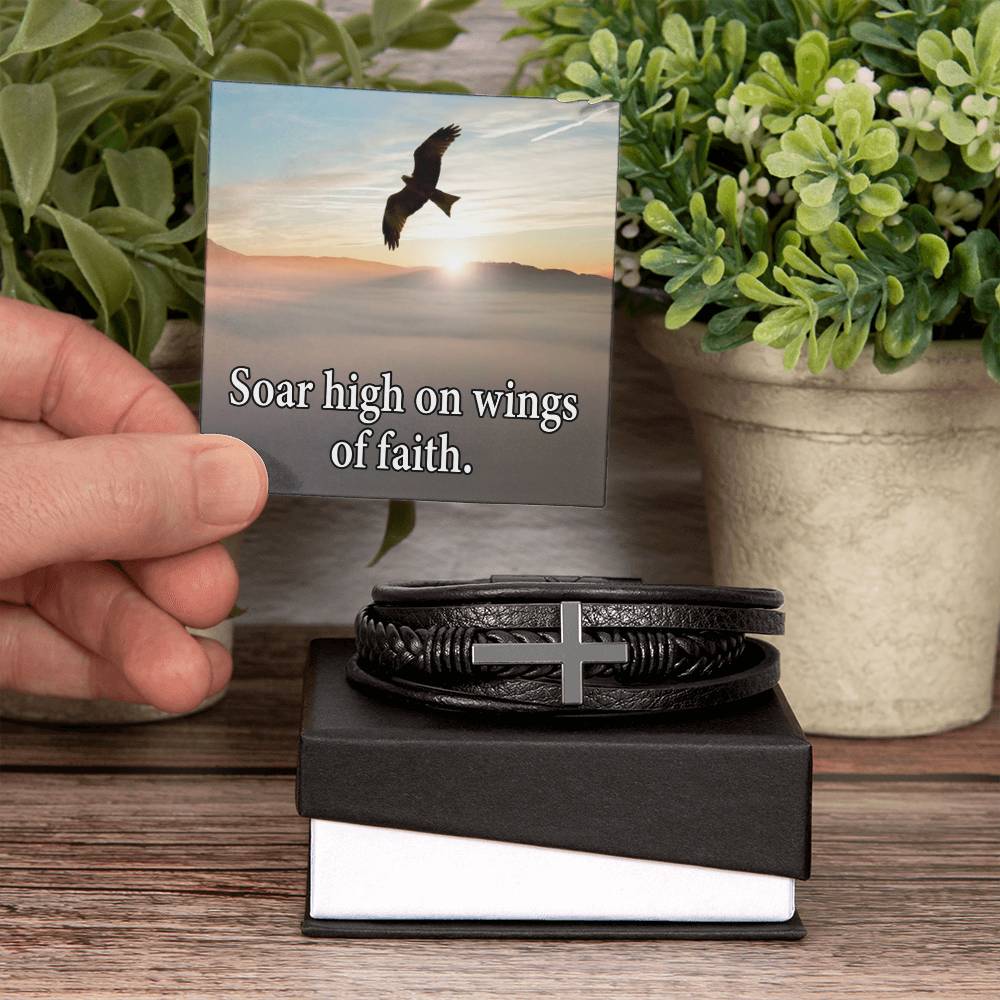 Soar High on Faith in Lord Isaiah 40:31 Men's Stainless Steel & Vegan Leather Cross Bracelet - Vegan Leather with Stainless Steel-Express Your Love Gifts