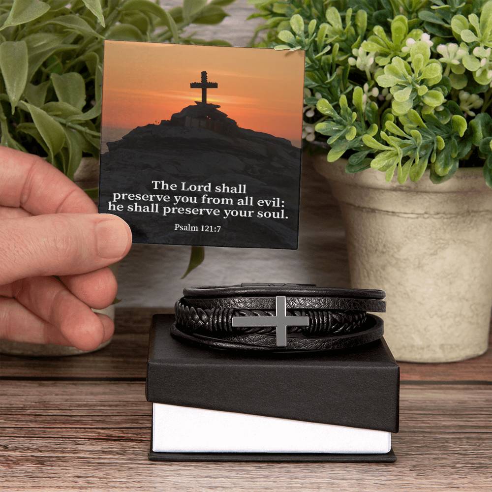 Hope Psalm 121:7 Men's Stainless Steel & Vegan Leather Cross Bracelet - Vegan Leather with Stainless Steel-Express Your Love Gifts