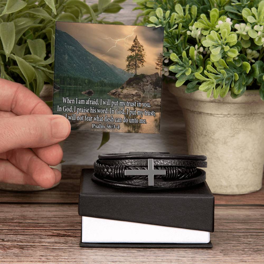 Trust in God Psalm 56:3-4 Men's Stainless Steel & Vegan Leather Cross Bracelet - Vegan Leather with Stainless Steel-Express Your Love Gifts