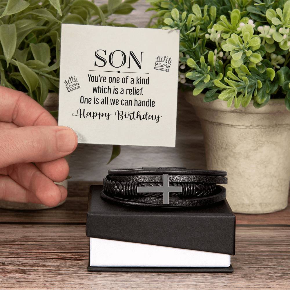 To My Son You're One of a Kind Men's Cross Bracelet - Vegan Leather with Stainless Steel-Express Your Love Gifts