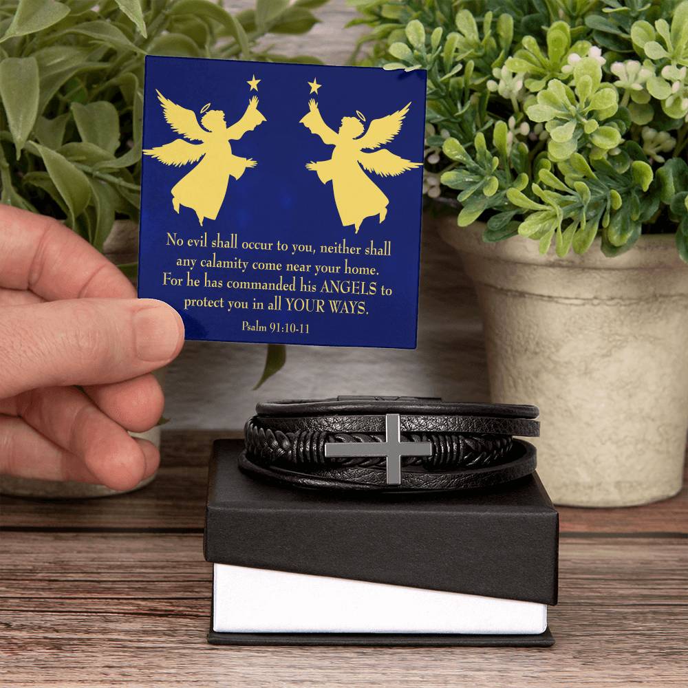Angels Over You Psalm 91 Men's Stainless Steel & Vegan Leather Cross Bracelet - Vegan Leather with Stainless Steel-Express Your Love Gifts