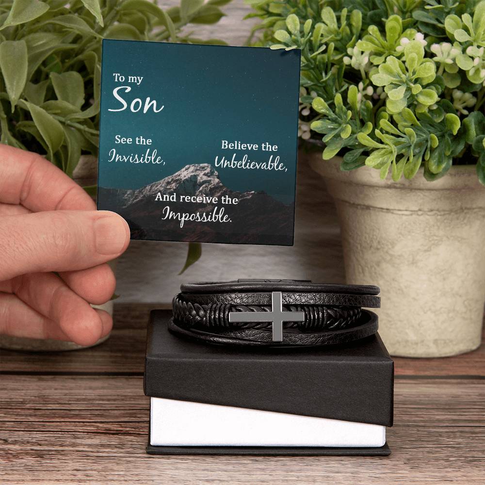 See the Invisible Men's Stainless Steel & Vegan Leather Cross Bracelet - Vegan Leather with Stainless Steel-Express Your Love Gifts