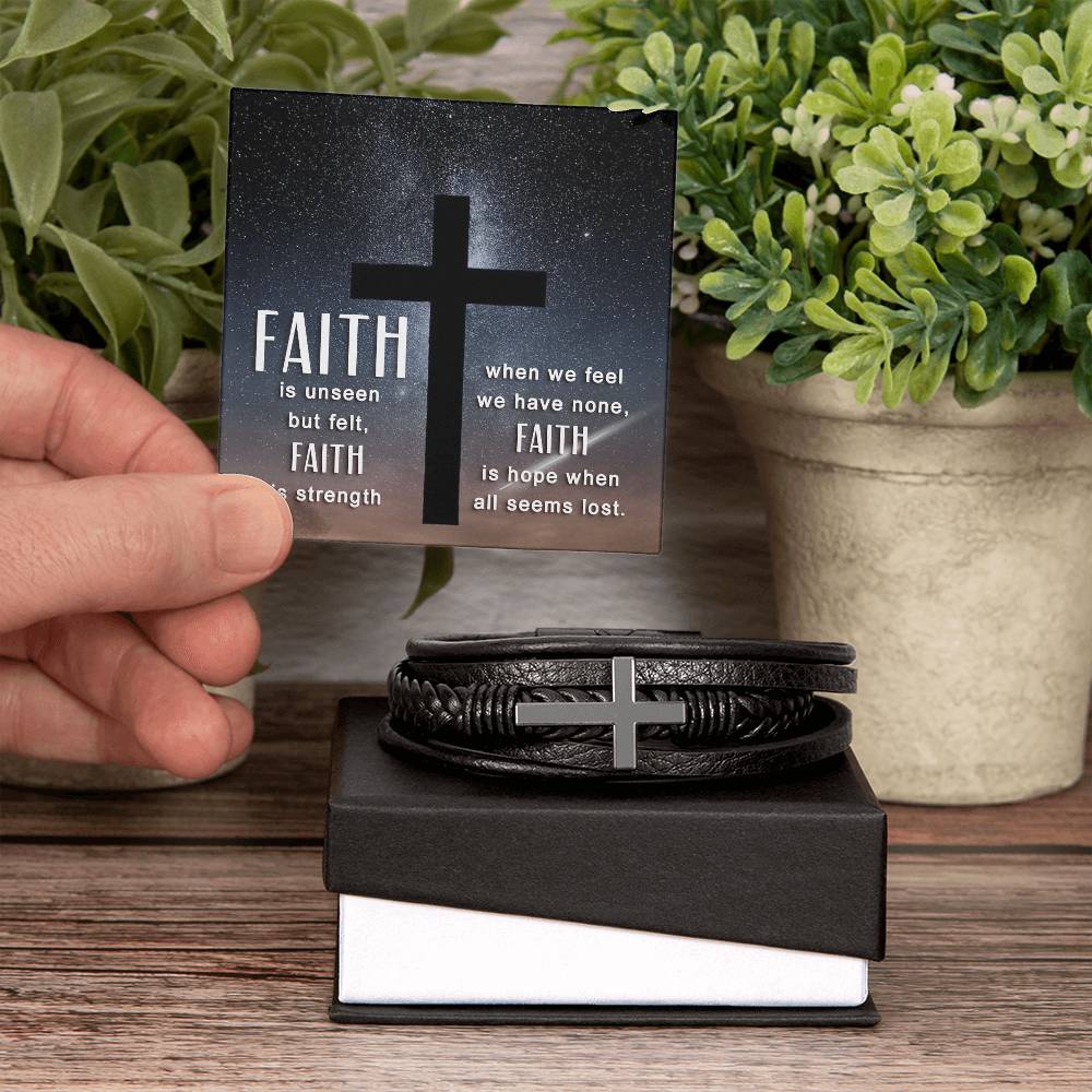 Faith is Unseen But Felt Men's Stainless Steel & Vegan Leather Cross Bracelet - Vegan Leather with Stainless Steel-Express Your Love Gifts