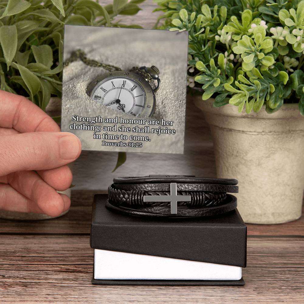Her Strength Proverbs 31:25 Men's Stainless Steel & Vegan Leather Cross Bracelet - Vegan Leather with Stainless Steel-Express Your Love Gifts